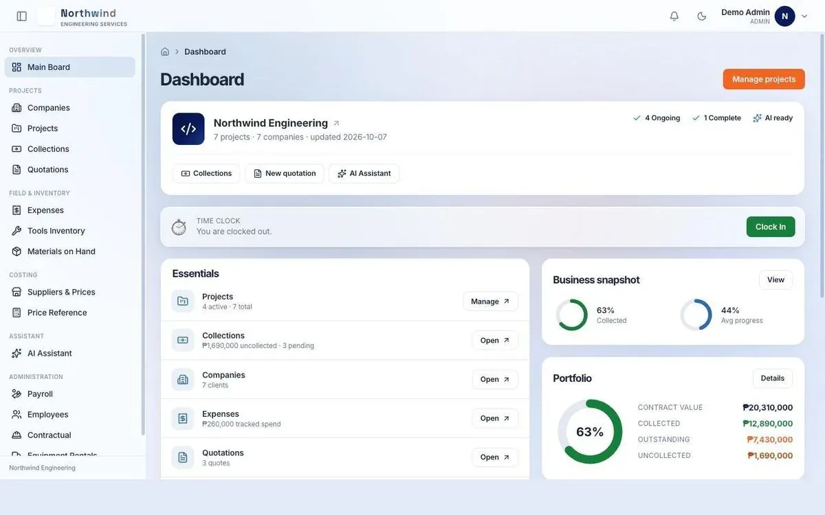 RMA Project Platform dashboard